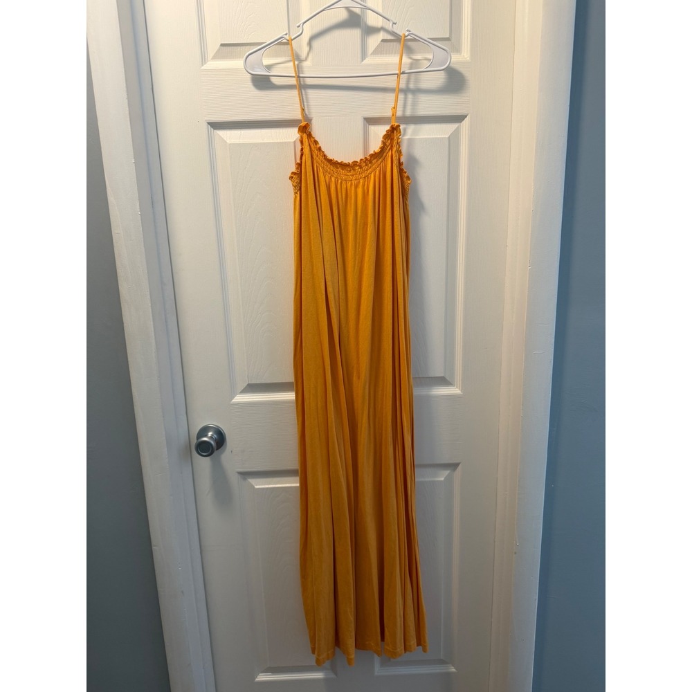 HM Mustard Yellow Smocked Ruffle‎ Maxi Dress Womens XL Spaghetti Strap Flowy